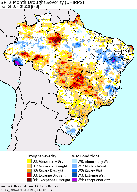 Brazil SPI 2-Month Drought Severity (CHIRPS) Thematic Map For 4/26/2023 - 6/25/2023