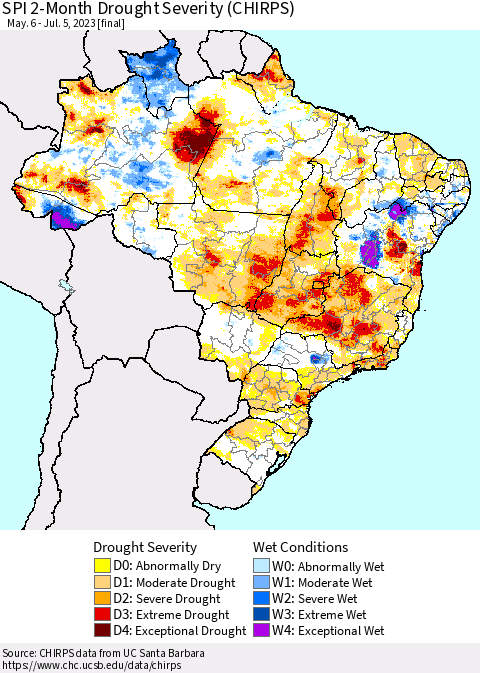 Brazil SPI 2-Month Drought Severity (CHIRPS) Thematic Map For 5/6/2023 - 7/5/2023