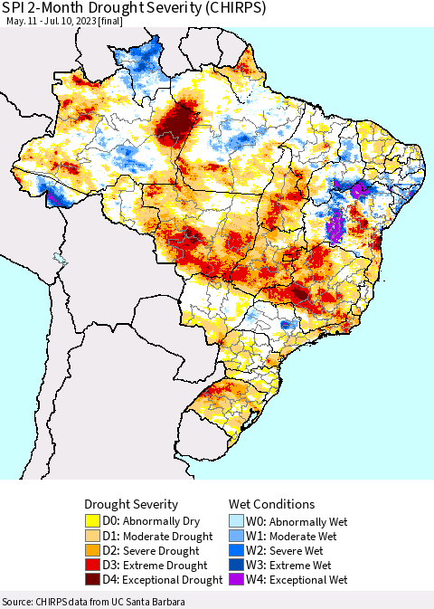 Brazil SPI 2-Month Drought Severity (CHIRPS) Thematic Map For 5/11/2023 - 7/10/2023