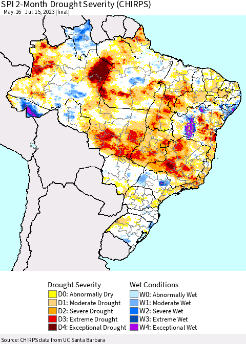 Brazil SPI 2-Month Drought Severity (CHIRPS) Thematic Map For 5/16/2023 - 7/15/2023
