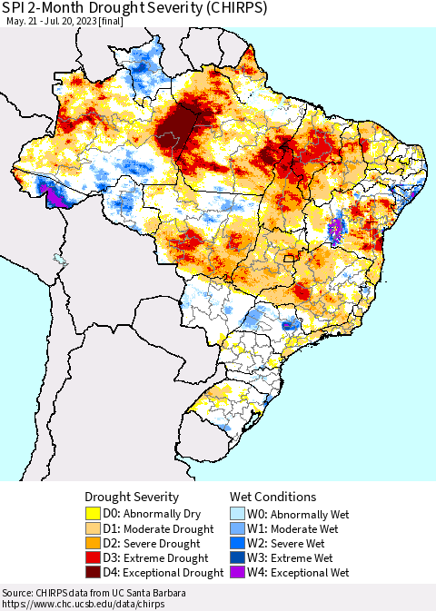 Brazil SPI 2-Month Drought Severity (CHIRPS) Thematic Map For 5/21/2023 - 7/20/2023