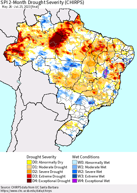 Brazil SPI 2-Month Drought Severity (CHIRPS) Thematic Map For 5/26/2023 - 7/25/2023