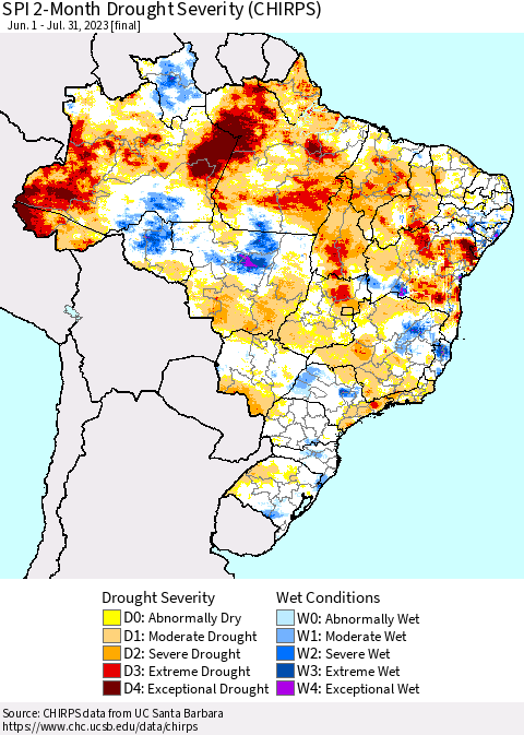 Brazil SPI 2-Month Drought Severity (CHIRPS) Thematic Map For 6/1/2023 - 7/31/2023
