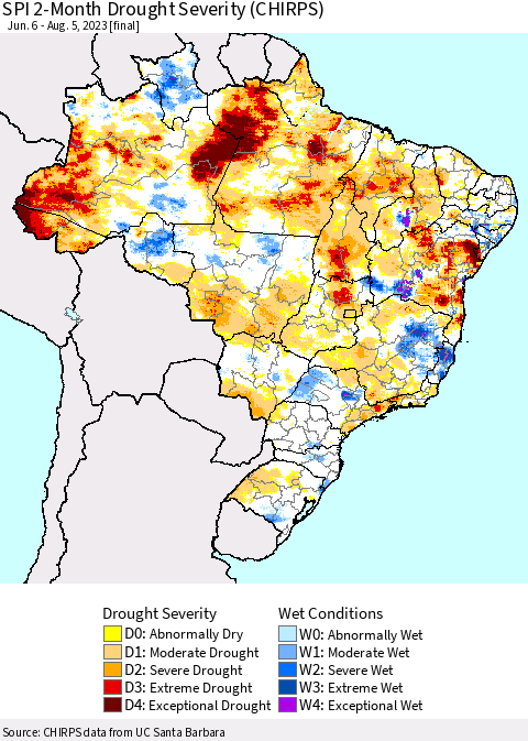 Brazil SPI 2-Month Drought Severity (CHIRPS) Thematic Map For 6/6/2023 - 8/5/2023