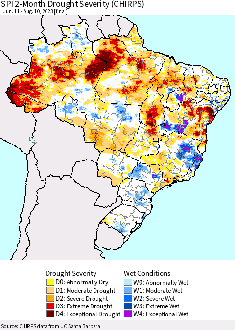 Brazil SPI 2-Month Drought Severity (CHIRPS) Thematic Map For 6/11/2023 - 8/10/2023