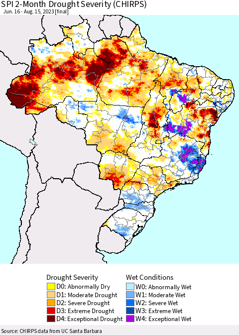 Brazil SPI 2-Month Drought Severity (CHIRPS) Thematic Map For 6/16/2023 - 8/15/2023