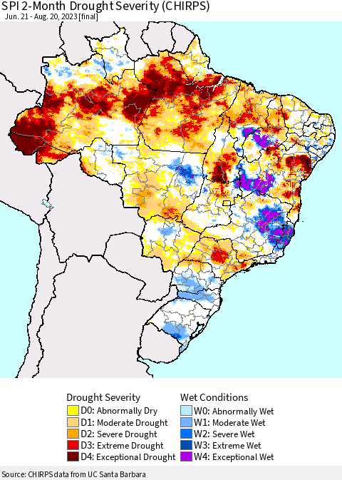 Brazil SPI 2-Month Drought Severity (CHIRPS) Thematic Map For 6/21/2023 - 8/20/2023