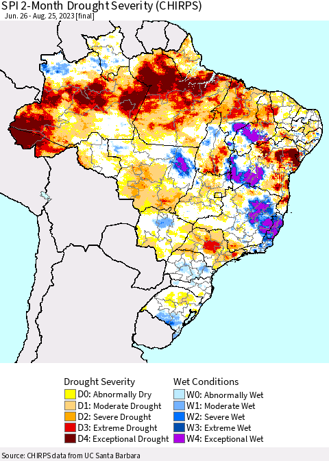 Brazil SPI 2-Month Drought Severity (CHIRPS) Thematic Map For 6/26/2023 - 8/25/2023
