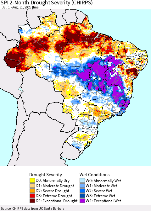 Brazil SPI 2-Month Drought Severity (CHIRPS) Thematic Map For 7/1/2023 - 8/31/2023