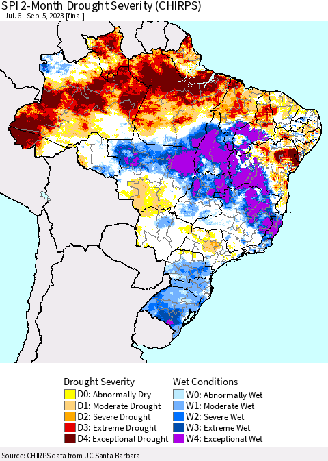 Brazil SPI 2-Month Drought Severity (CHIRPS) Thematic Map For 7/6/2023 - 9/5/2023