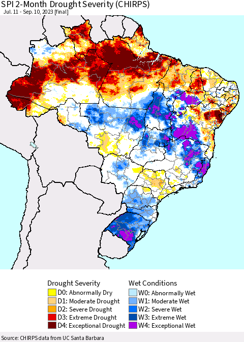 Brazil SPI 2-Month Drought Severity (CHIRPS) Thematic Map For 7/11/2023 - 9/10/2023