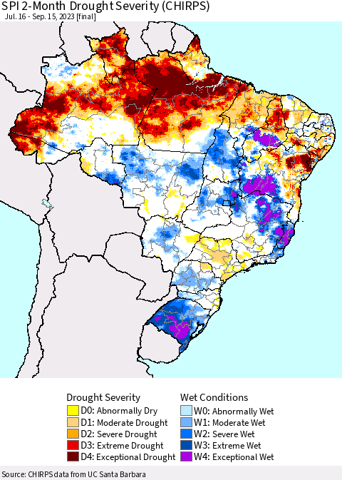 Brazil SPI 2-Month Drought Severity (CHIRPS) Thematic Map For 7/16/2023 - 9/15/2023