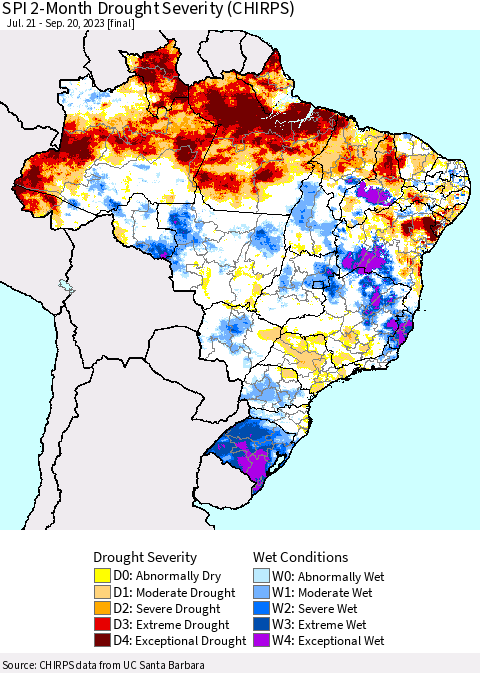 Brazil SPI 2-Month Drought Severity (CHIRPS) Thematic Map For 7/21/2023 - 9/20/2023