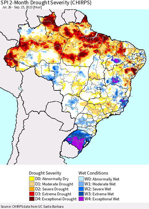 Brazil SPI 2-Month Drought Severity (CHIRPS) Thematic Map For 7/26/2023 - 9/25/2023