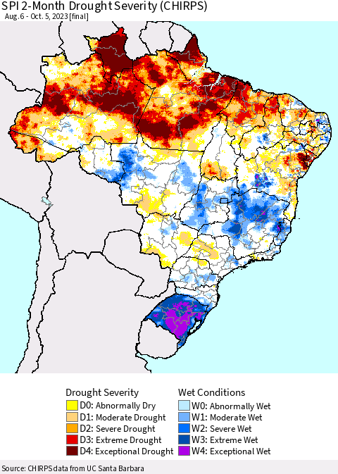 Brazil SPI 2-Month Drought Severity (CHIRPS) Thematic Map For 8/6/2023 - 10/5/2023