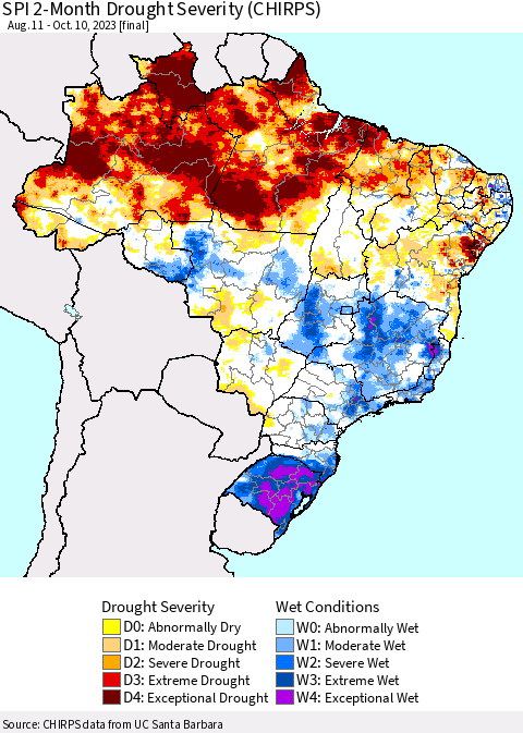 Brazil SPI 2-Month Drought Severity (CHIRPS) Thematic Map For 8/11/2023 - 10/10/2023