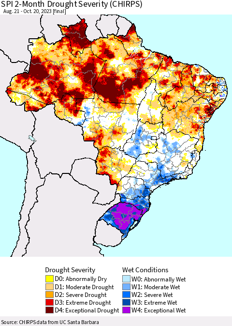 Brazil SPI 2-Month Drought Severity (CHIRPS) Thematic Map For 8/21/2023 - 10/20/2023