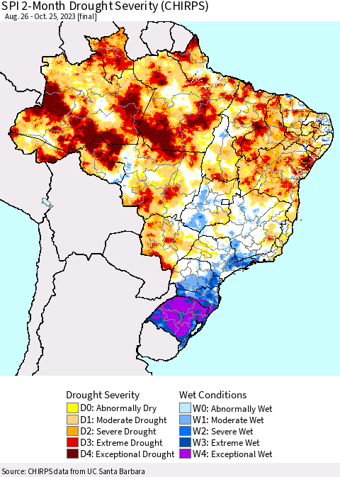 Brazil SPI 2-Month Drought Severity (CHIRPS) Thematic Map For 8/26/2023 - 10/25/2023