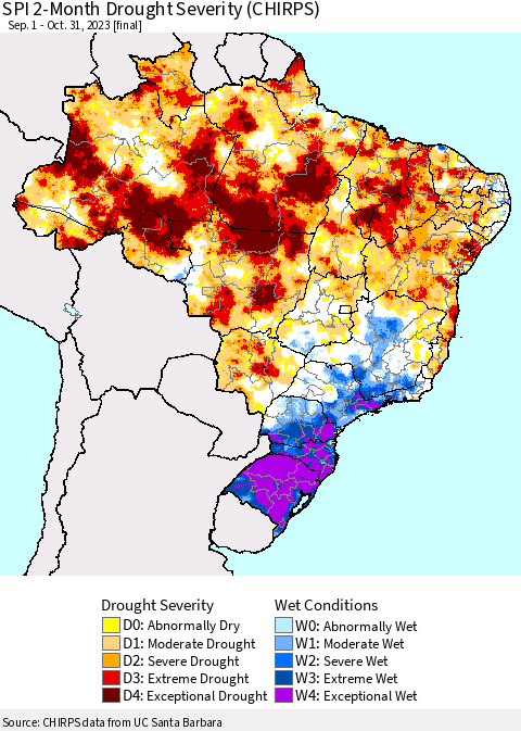 Brazil SPI 2-Month Drought Severity (CHIRPS) Thematic Map For 9/1/2023 - 10/31/2023