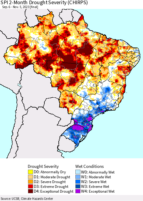 Brazil SPI 2-Month Drought Severity (CHIRPS) Thematic Map For 9/6/2023 - 11/5/2023