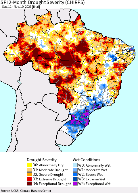 Brazil SPI 2-Month Drought Severity (CHIRPS) Thematic Map For 9/11/2023 - 11/10/2023