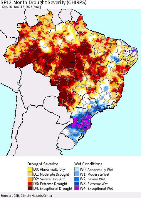 Brazil SPI 2-Month Drought Severity (CHIRPS) Thematic Map For 9/16/2023 - 11/15/2023