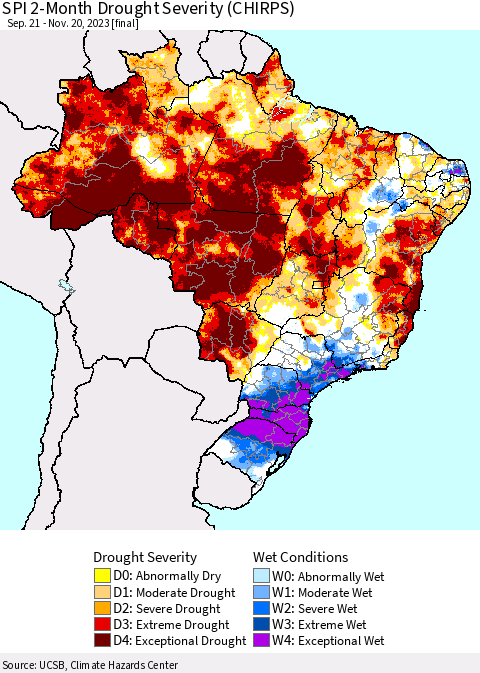 Brazil SPI 2-Month Drought Severity (CHIRPS) Thematic Map For 9/21/2023 - 11/20/2023