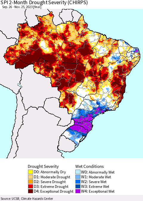 Brazil SPI 2-Month Drought Severity (CHIRPS) Thematic Map For 9/26/2023 - 11/25/2023