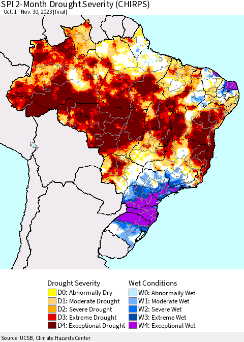 Brazil SPI 2-Month Drought Severity (CHIRPS) Thematic Map For 10/1/2023 - 11/30/2023