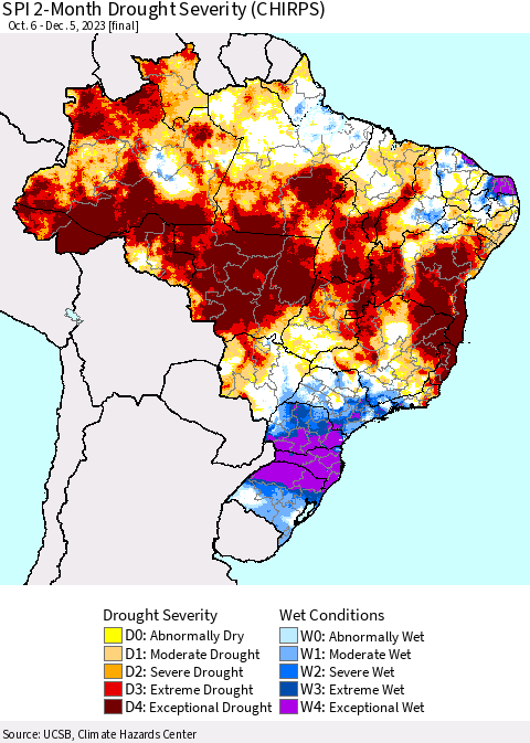 Brazil SPI 2-Month Drought Severity (CHIRPS) Thematic Map For 10/6/2023 - 12/5/2023