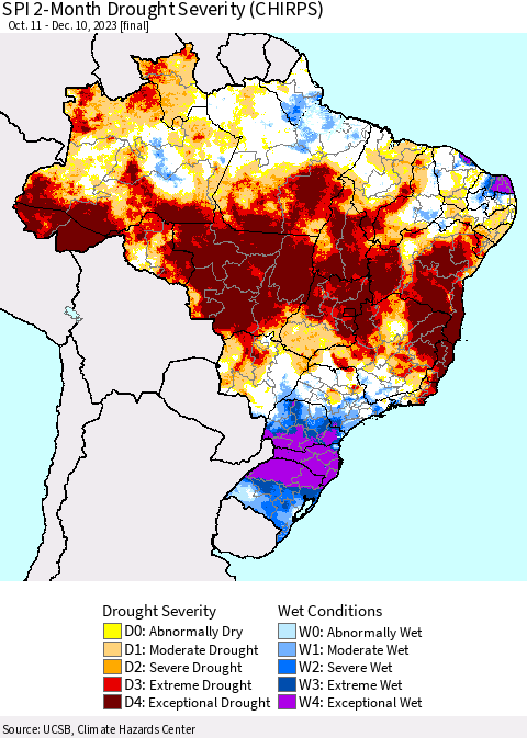 Brazil SPI 2-Month Drought Severity (CHIRPS) Thematic Map For 10/11/2023 - 12/10/2023