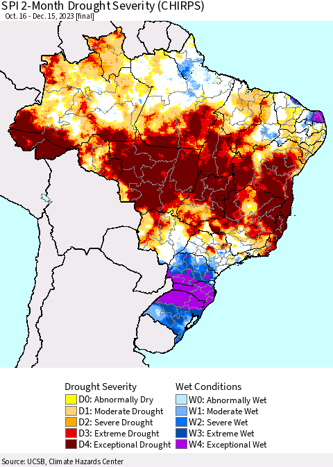 Brazil SPI 2-Month Drought Severity (CHIRPS) Thematic Map For 10/16/2023 - 12/15/2023