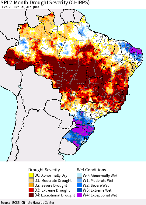 Brazil SPI 2-Month Drought Severity (CHIRPS) Thematic Map For 10/21/2023 - 12/20/2023