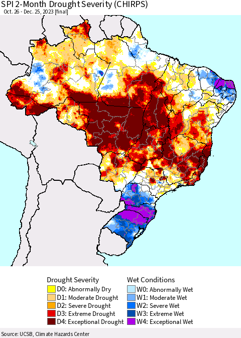 Brazil SPI 2-Month Drought Severity (CHIRPS) Thematic Map For 10/26/2023 - 12/25/2023