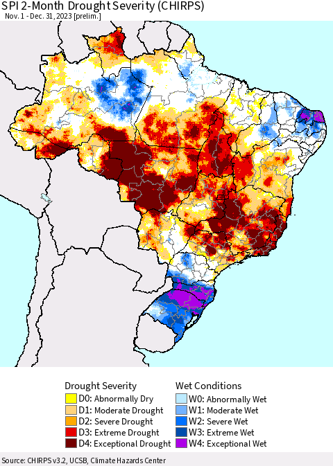 Brazil SPI 2-Month Drought Severity (CHIRPS) Thematic Map For 11/1/2023 - 12/31/2023