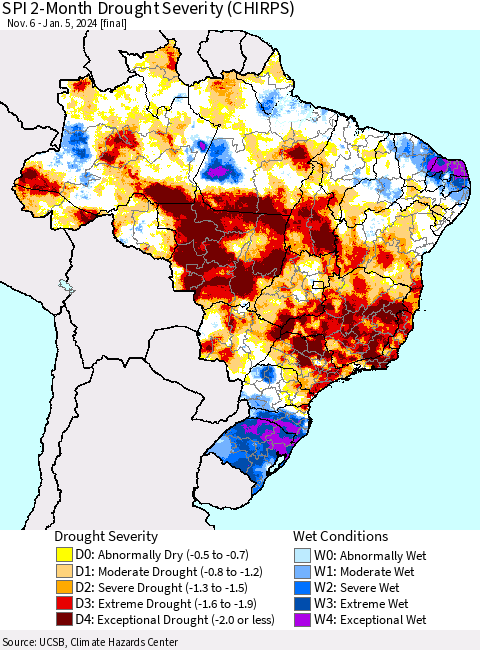 Brazil SPI 2-Month Drought Severity (CHIRPS) Thematic Map For 11/6/2023 - 1/5/2024