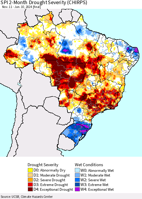 Brazil SPI 2-Month Drought Severity (CHIRPS) Thematic Map For 11/11/2023 - 1/10/2024