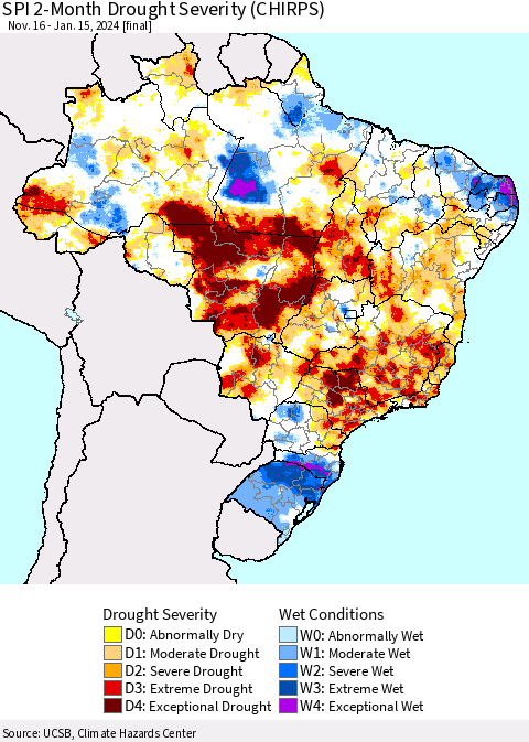 Brazil SPI 2-Month Drought Severity (CHIRPS) Thematic Map For 11/16/2023 - 1/15/2024