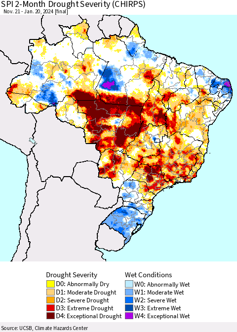 Brazil SPI 2-Month Drought Severity (CHIRPS) Thematic Map For 11/21/2023 - 1/20/2024