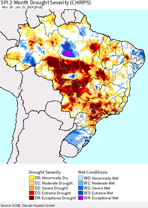 Brazil SPI 2-Month Drought Severity (CHIRPS) Thematic Map For 11/26/2023 - 1/25/2024