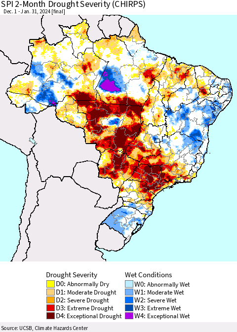 Brazil SPI 2-Month Drought Severity (CHIRPS) Thematic Map For 12/1/2023 - 1/31/2024