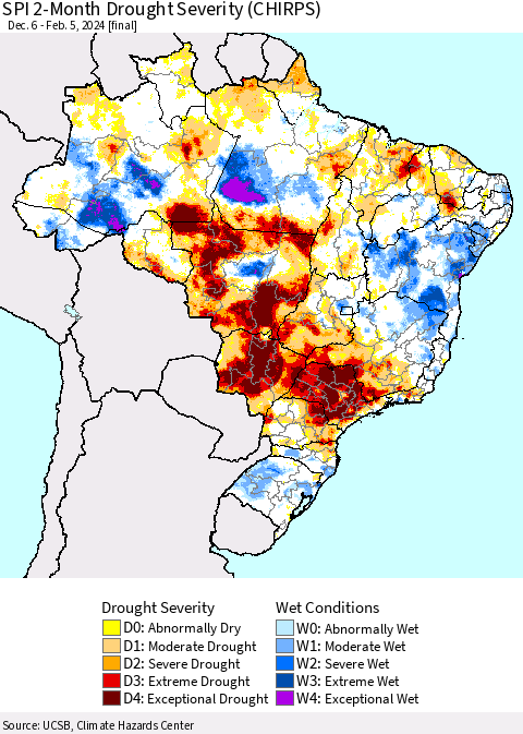 Brazil SPI 2-Month Drought Severity (CHIRPS) Thematic Map For 12/6/2023 - 2/5/2024