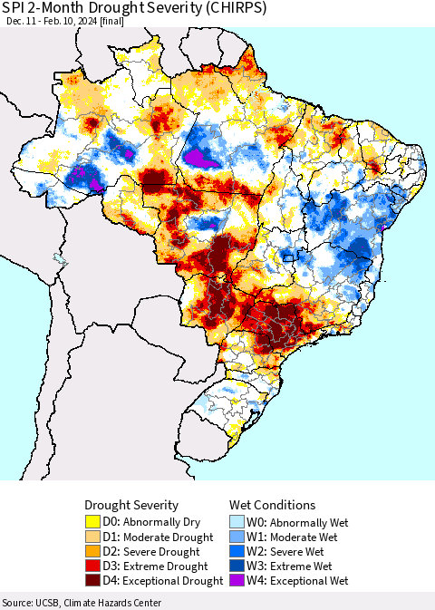 Brazil SPI 2-Month Drought Severity (CHIRPS) Thematic Map For 12/11/2023 - 2/10/2024
