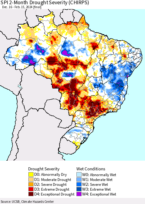 Brazil SPI 2-Month Drought Severity (CHIRPS) Thematic Map For 12/16/2023 - 2/15/2024