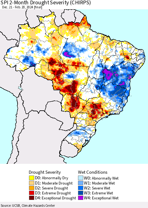 Brazil SPI 2-Month Drought Severity (CHIRPS) Thematic Map For 12/21/2023 - 2/20/2024
