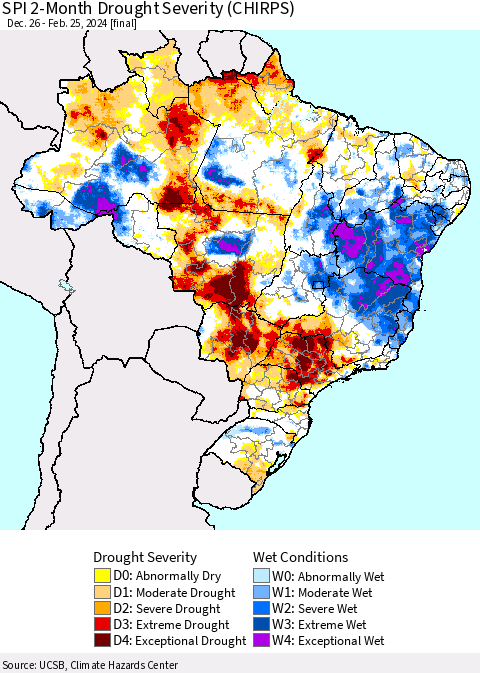 Brazil SPI 2-Month Drought Severity (CHIRPS) Thematic Map For 12/26/2023 - 2/25/2024