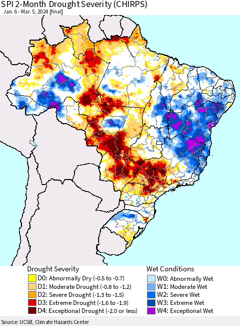 Brazil SPI 2-Month Drought Severity (CHIRPS) Thematic Map For 1/6/2024 - 3/5/2024