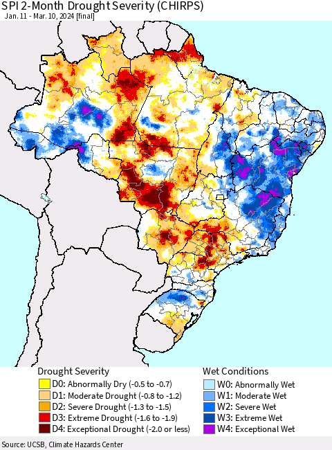 Brazil SPI 2-Month Drought Severity (CHIRPS) Thematic Map For 1/11/2024 - 3/10/2024