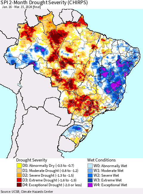 Brazil SPI 2-Month Drought Severity (CHIRPS) Thematic Map For 1/16/2024 - 3/15/2024