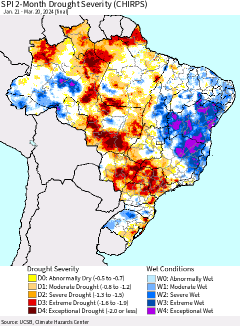 Brazil SPI 2-Month Drought Severity (CHIRPS) Thematic Map For 1/21/2024 - 3/20/2024